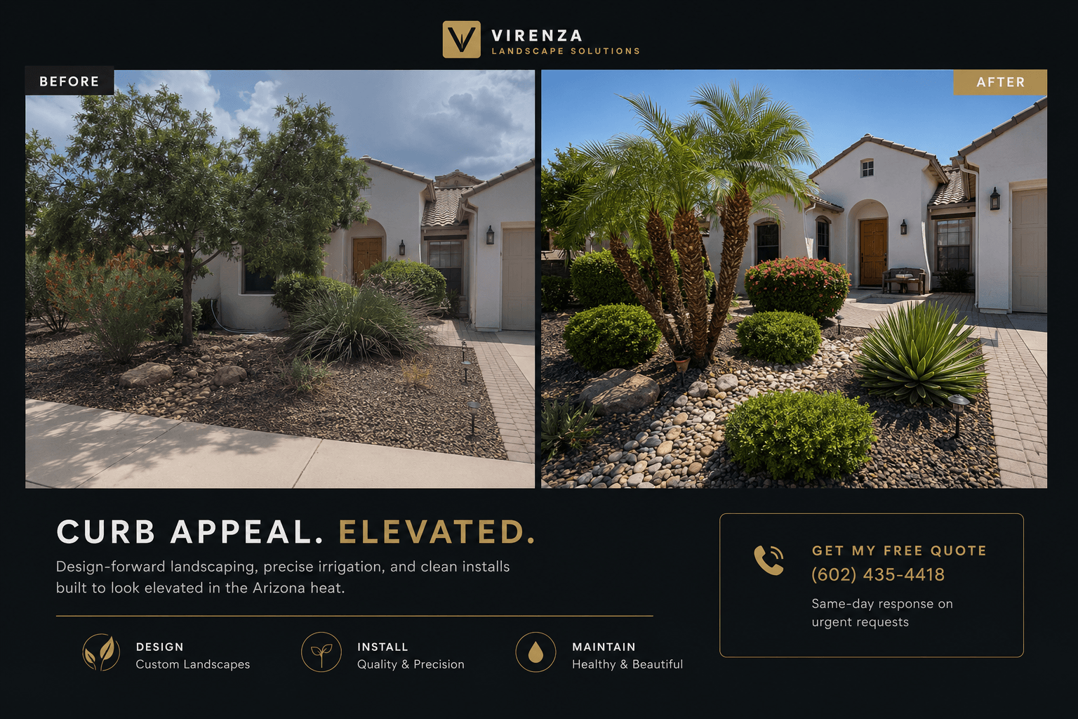 VIRENZA before-and-after landscaping transformation showing elevated Arizona curb appeal
